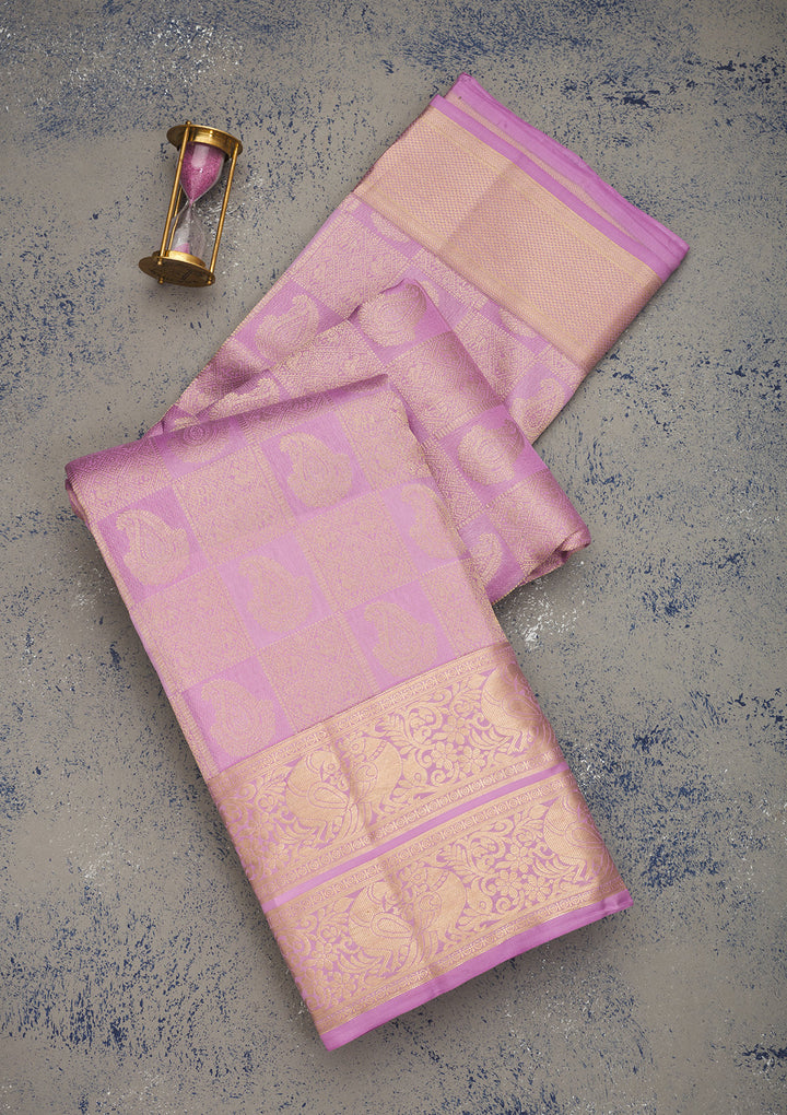 Lavender Pure Silk Jaal Silver Zariwork Saree With Matching Blouse Piece