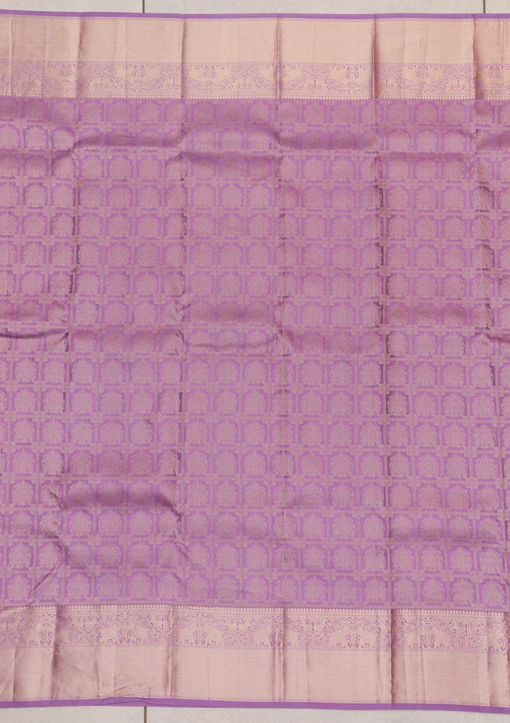 Lavender Pure Silk Jaal Gold Zariwork Saree With Matching Blouse Piece