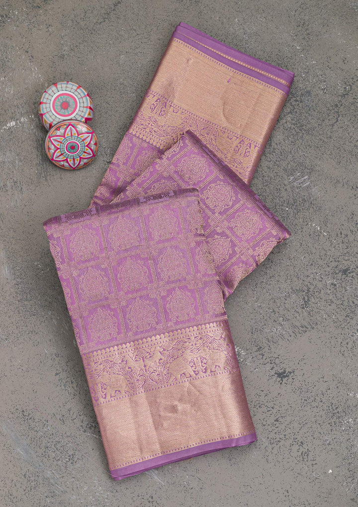 Lavender Pure Silk Jaal Gold Zariwork Saree With Matching Blouse Piece
