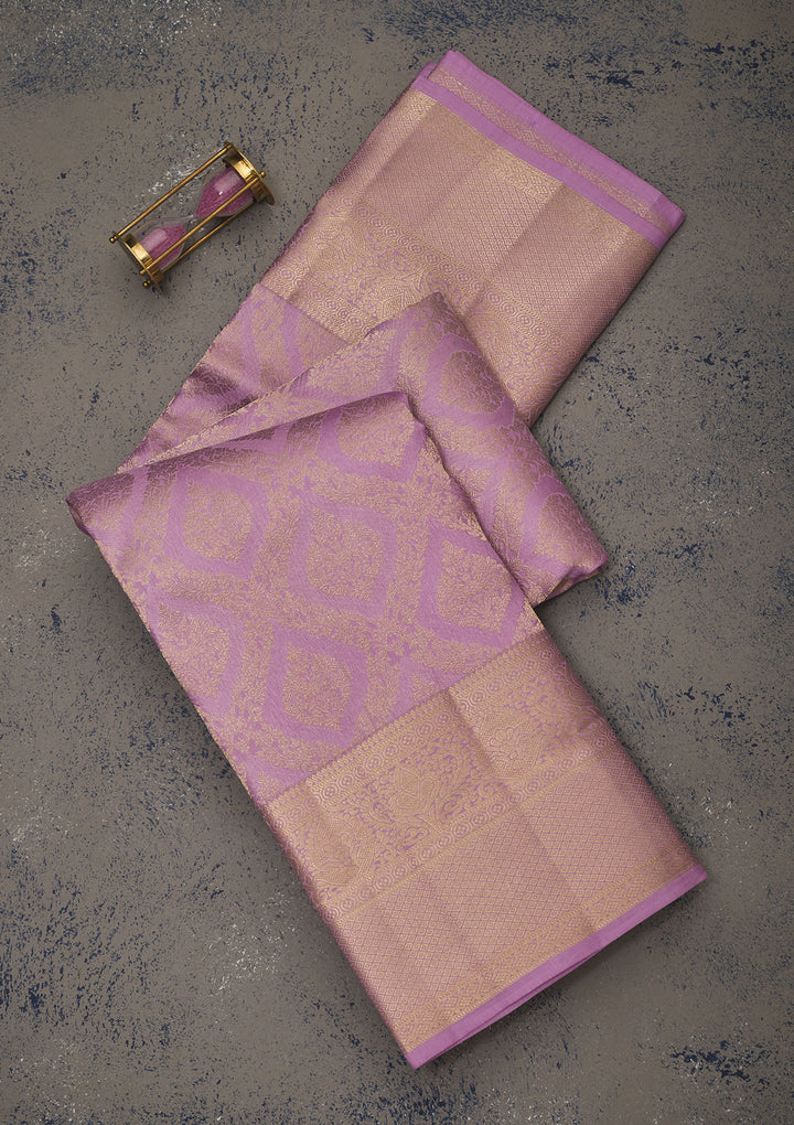 Lavender Pure Silk Jaal Gold Zariwork Saree With Matching Blouse Piece