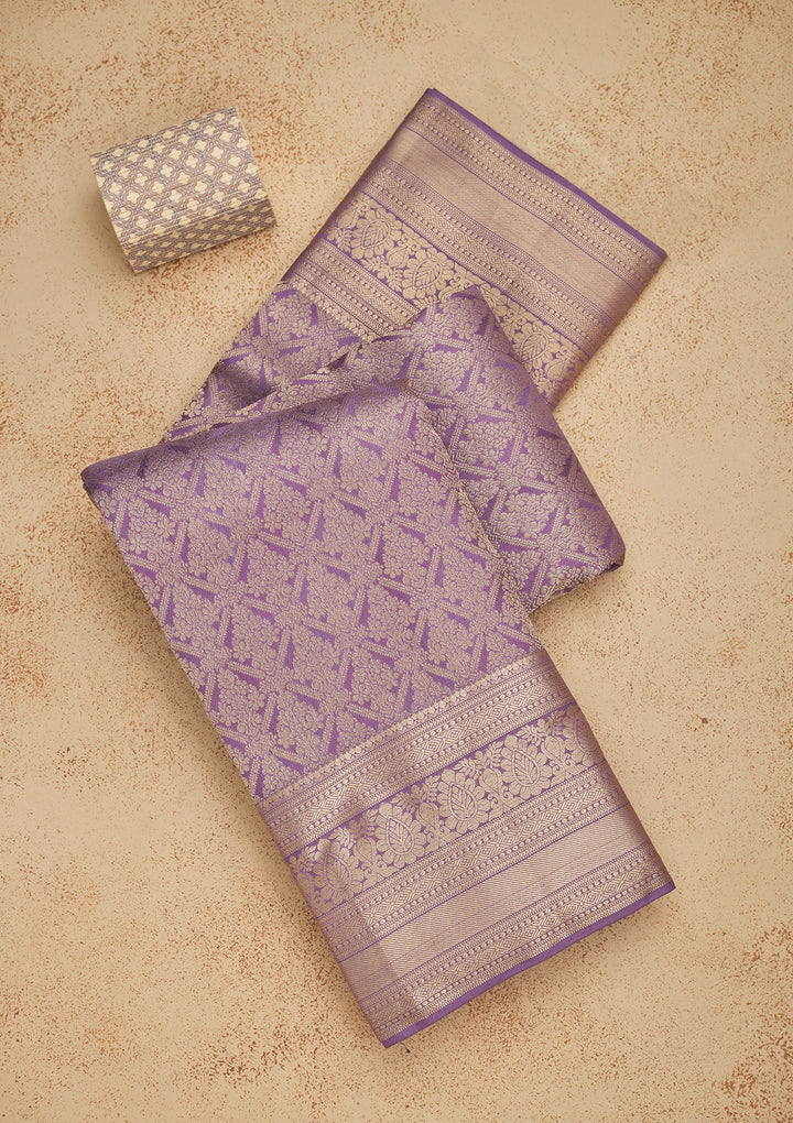 Lavender Silk Jaal Gold Zariwork Saree With Matching Blouse Piece