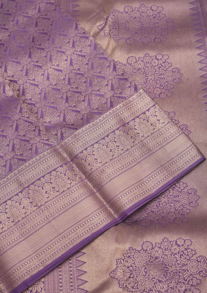 Lavender Silk Jaal Gold Zariwork Saree With Matching Blouse Piece