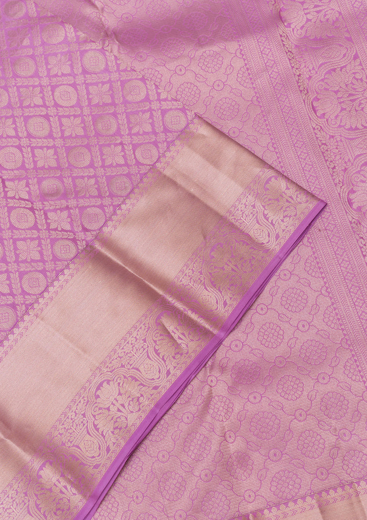 Lavender Silk Jaal Gold Zariwork Saree With Matching Blouse Piece