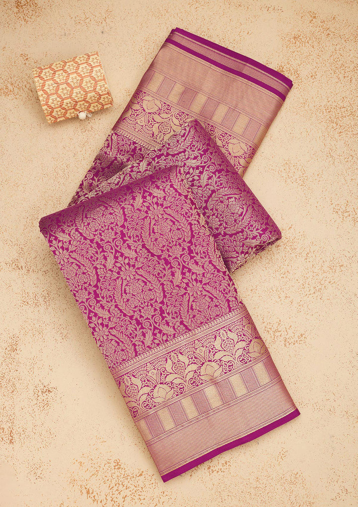 Lavender Silk Jaal Gold Zariwork Saree With Matching Blouse Piece