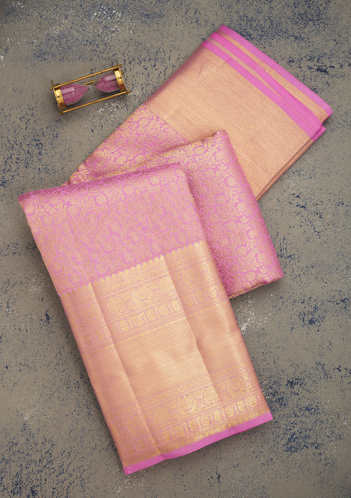 Lavender Silk Jaal Gold Zariwork Saree With Matching Blouse Piece