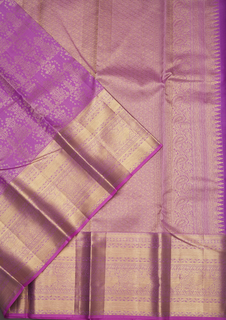 Lavender Silk Jaal Gold Zariwork Saree With Matching Blouse Piece