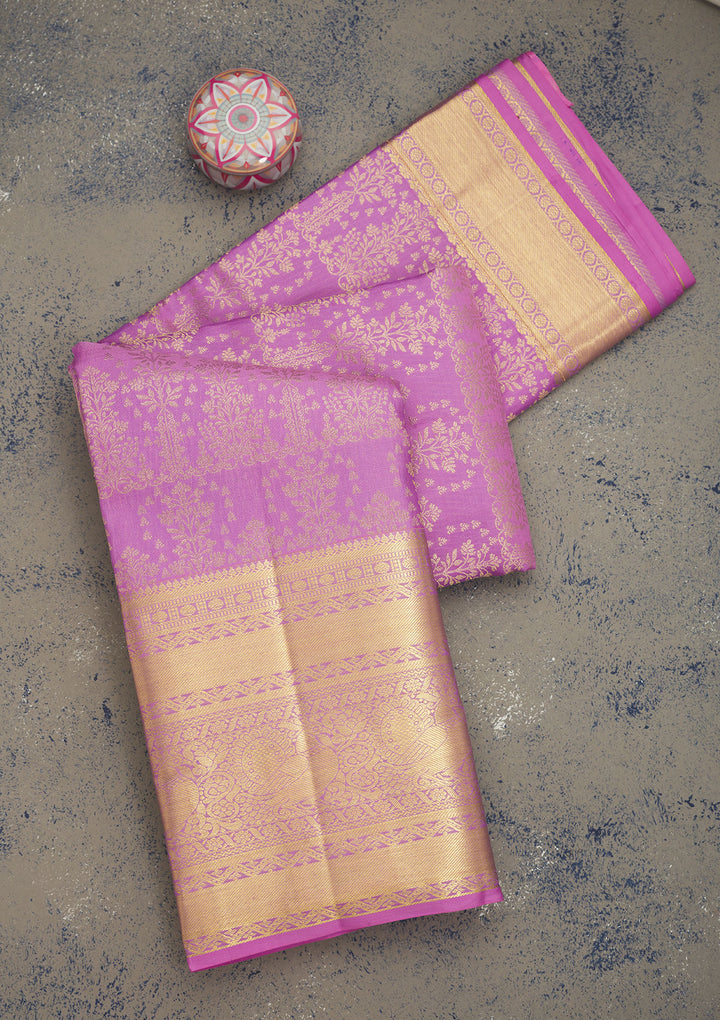 Lavender Silk Jaal Gold Zariwork Saree With Matching Blouse Piece