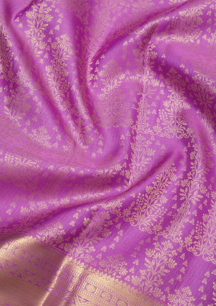 Lavender Silk Jaal Gold Zariwork Saree With Matching Blouse Piece
