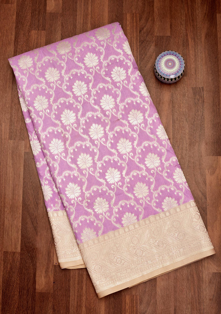 Lavender Silk Jaal Gold Zariwork Saree With Matching Blouse Piece