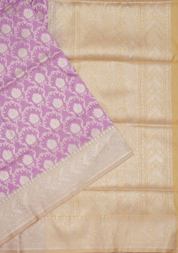 Lavender Silk Jaal Gold Zariwork Saree With Matching Blouse Piece