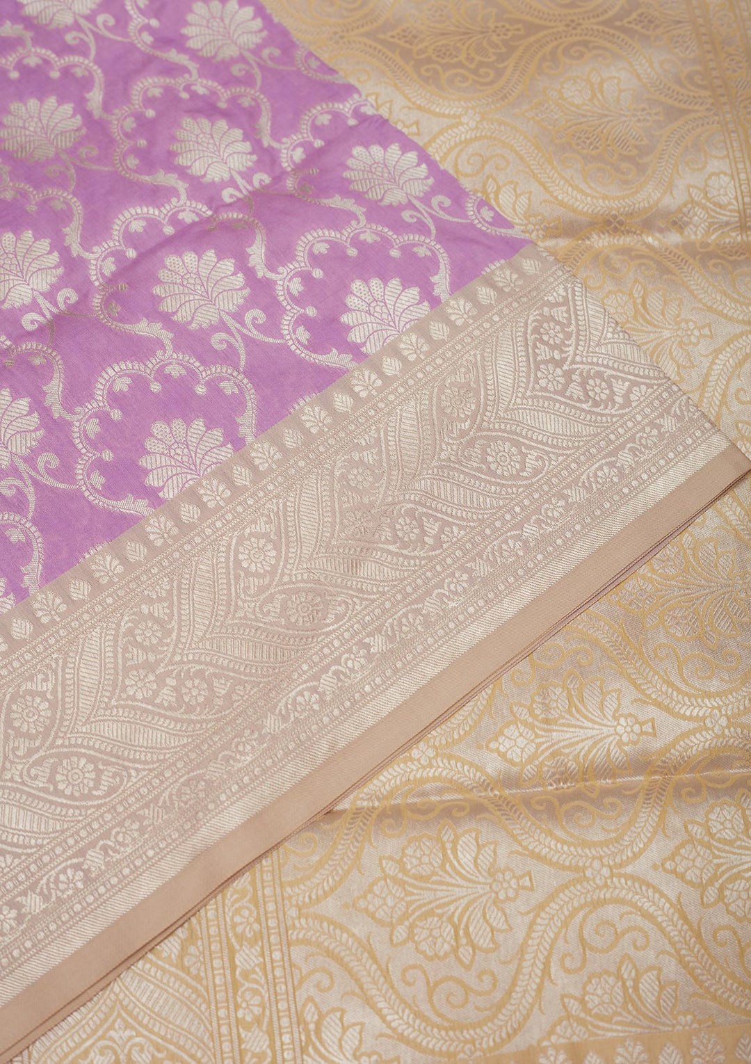 Lavender Silk Jaal Gold Zariwork Saree With Matching Blouse Piece