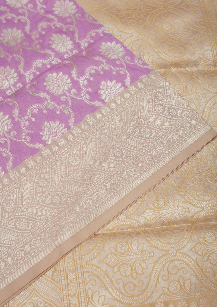 Lavender Silk Jaal Gold Zariwork Saree With Matching Blouse Piece