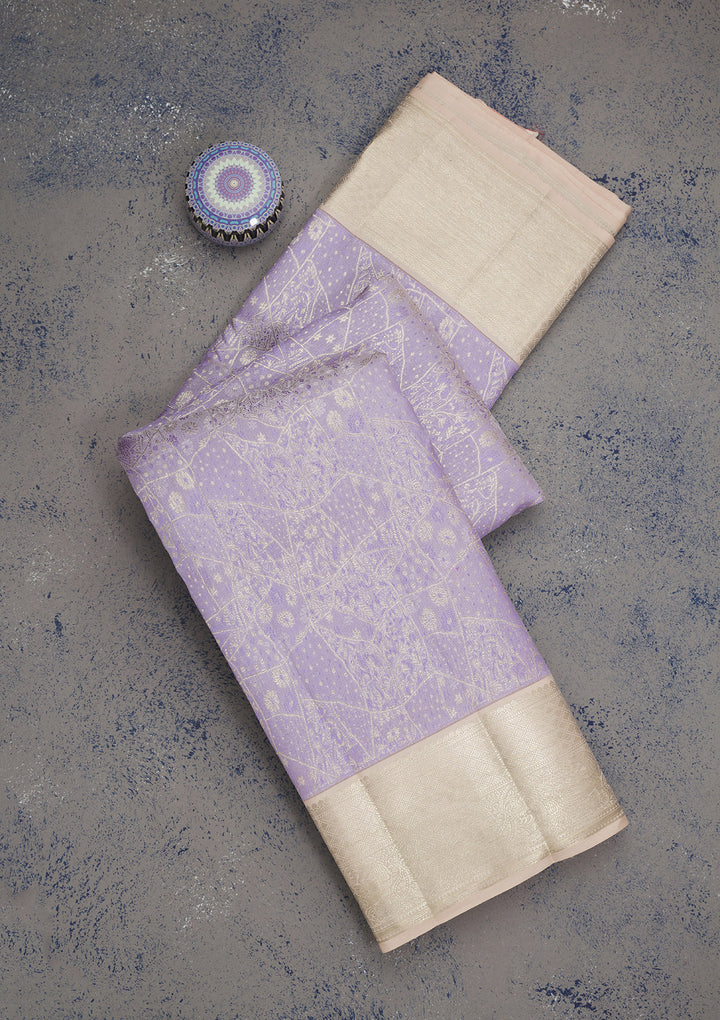 Lavender Silk Jaal Gold Zariwork Saree With Matching Blouse Piece