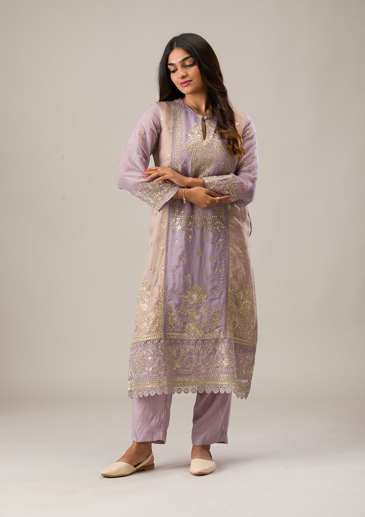 Lavender Tissue Gold Zariwork Unstitched Dress Material With Matching Bottom And Dupatta