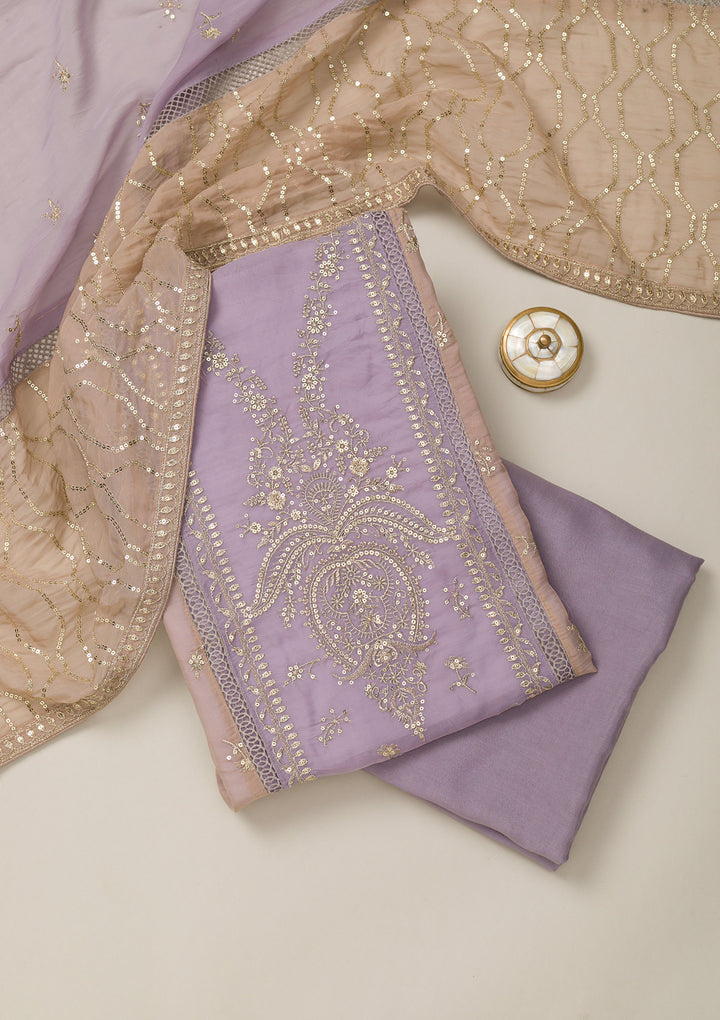 Lavender Tissue Gold Zariwork Unstitched Dress Material With Matching Bottom And Dupatta