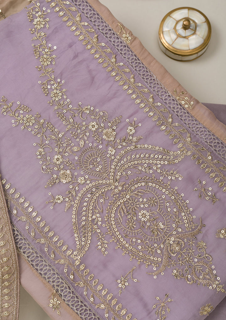 Lavender Tissue Gold Zariwork Unstitched Dress Material With Matching Bottom And Dupatta