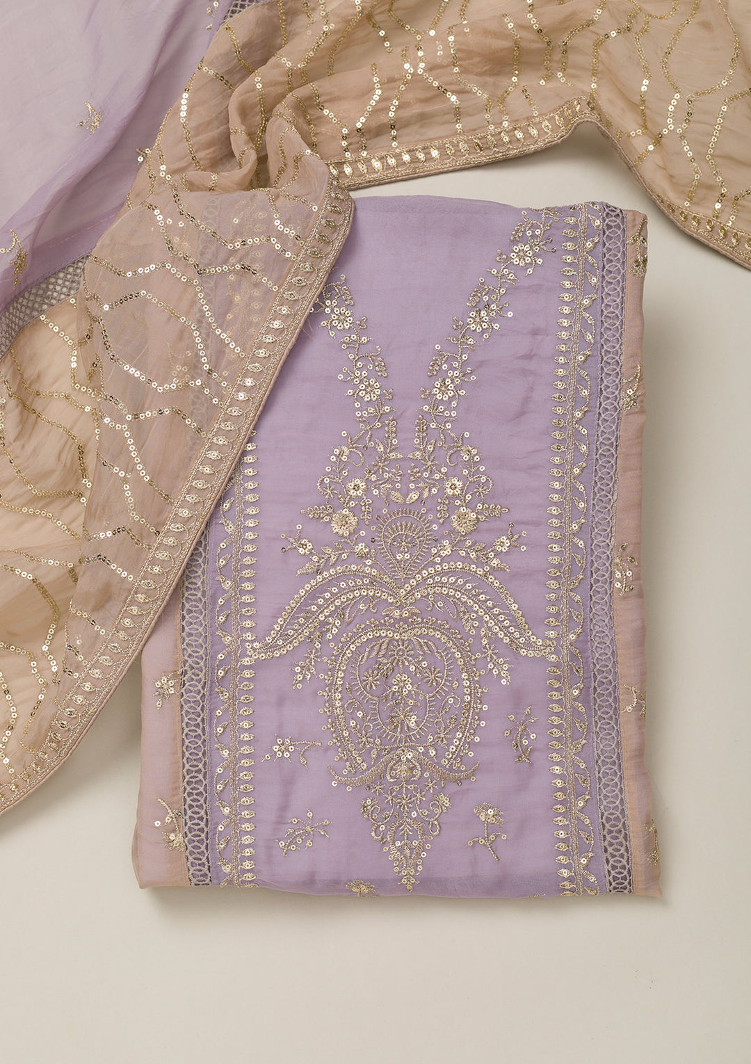 Lavender Tissue Gold Zariwork Unstitched Dress Material With Matching Bottom And Dupatta