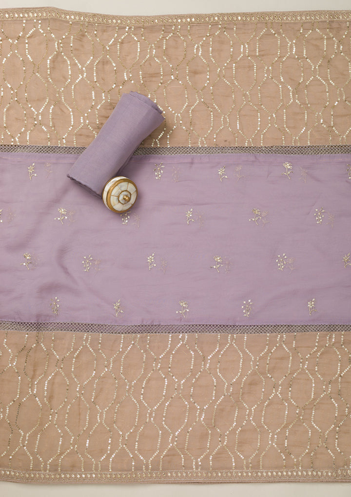 Lavender Tissue Gold Zariwork Unstitched Dress Material With Matching Bottom And Dupatta