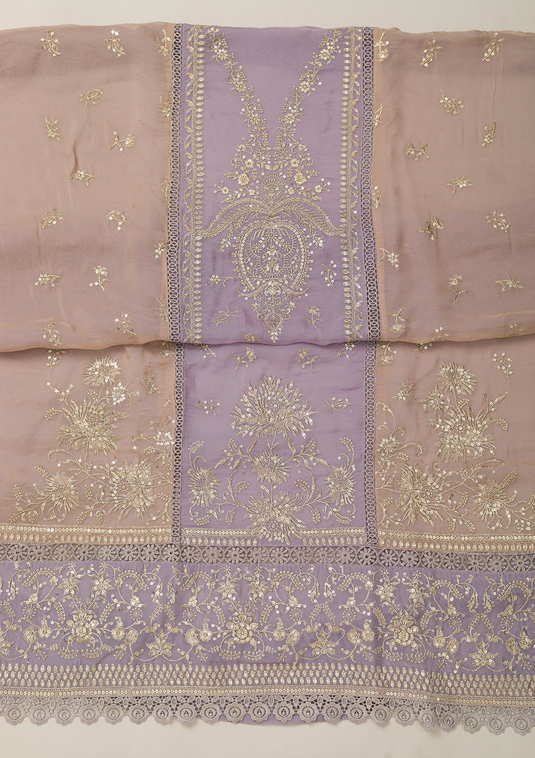 Lavender Tissue Gold Zariwork Unstitched Dress Material With Matching Bottom And Dupatta