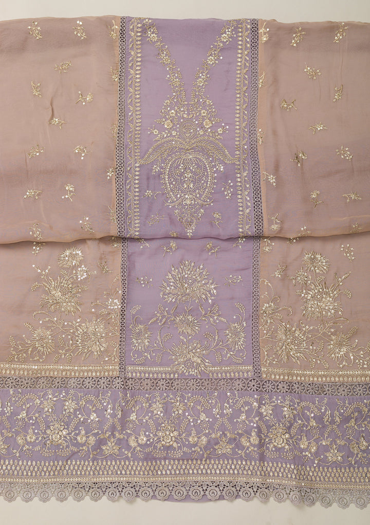 Lavender Tissue Gold Zariwork Unstitched Dress Material With Matching Bottom And Dupatta