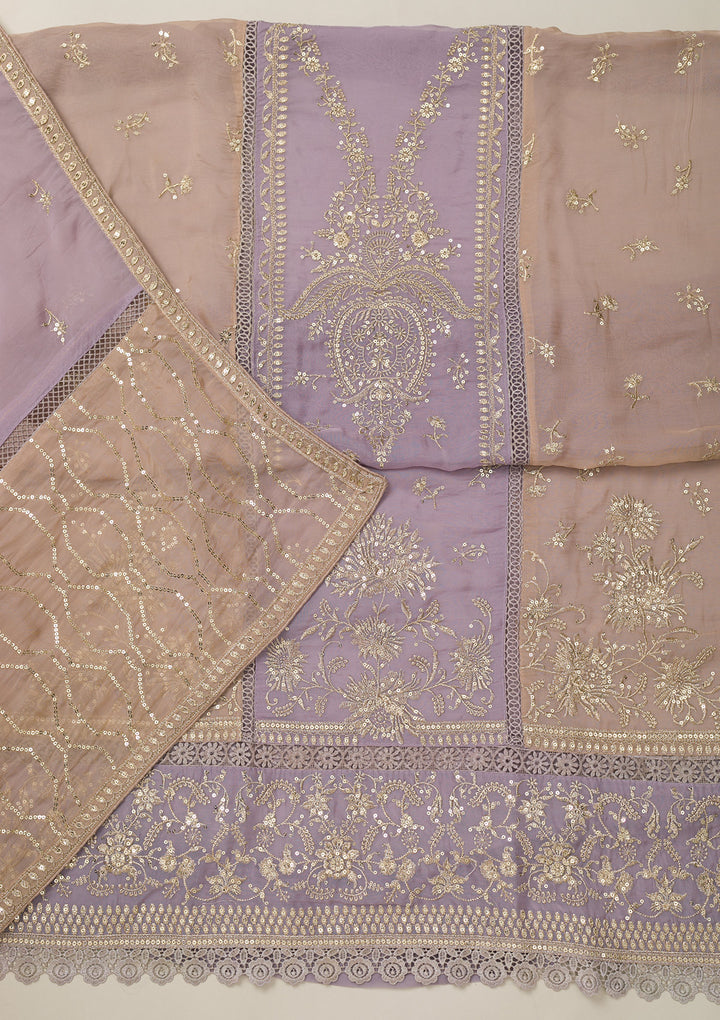 Lavender Tissue Gold Zariwork Unstitched Dress Material With Matching Bottom And Dupatta