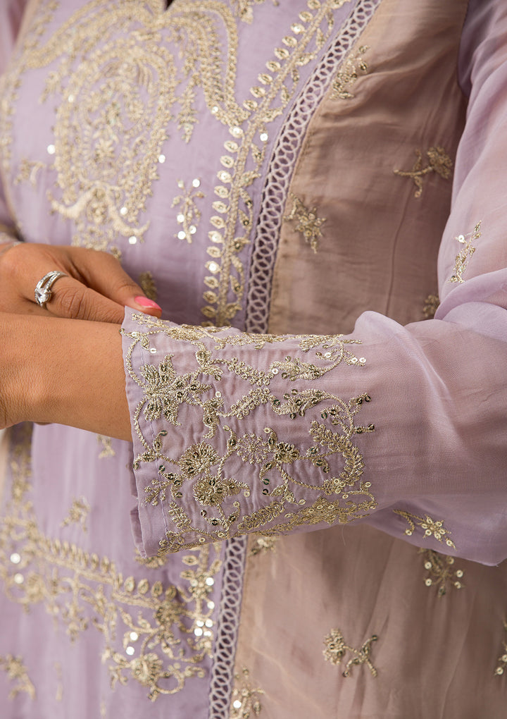Lavender Tissue Gold Zariwork Unstitched Dress Material With Matching Bottom And Dupatta