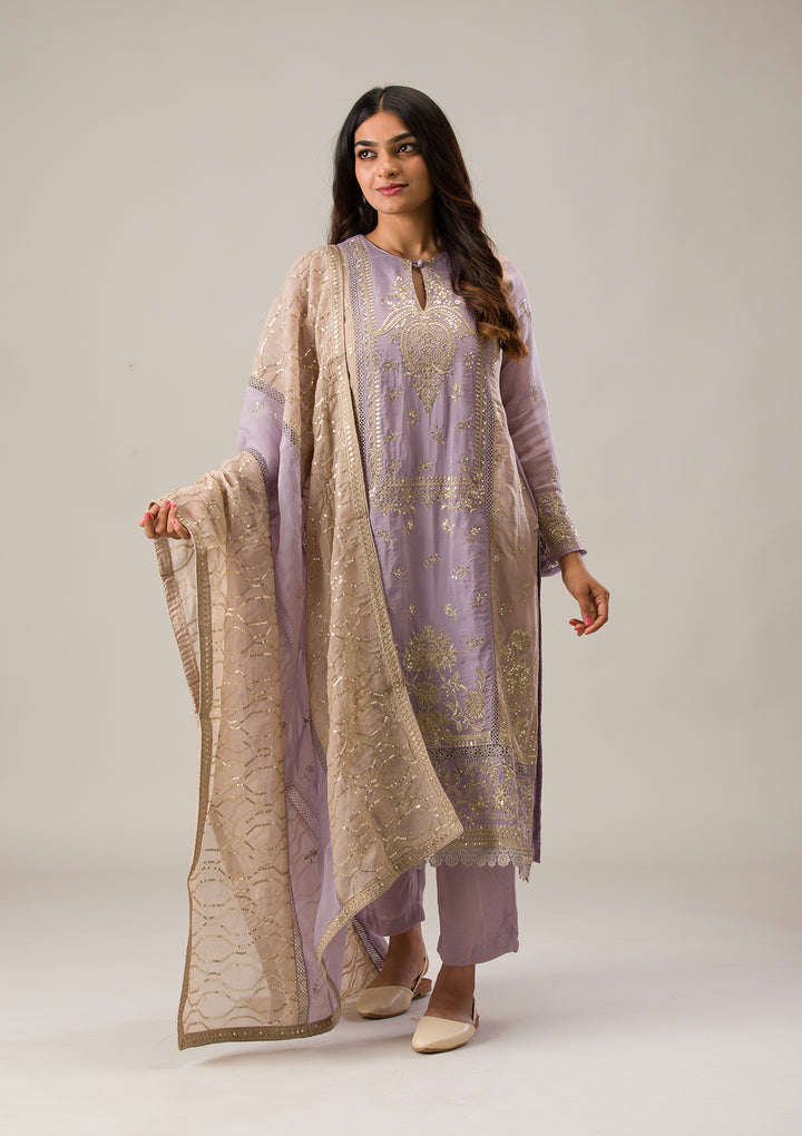 Lavender Tissue Gold Zariwork Unstitched Dress Material With Matching Bottom And Dupatta