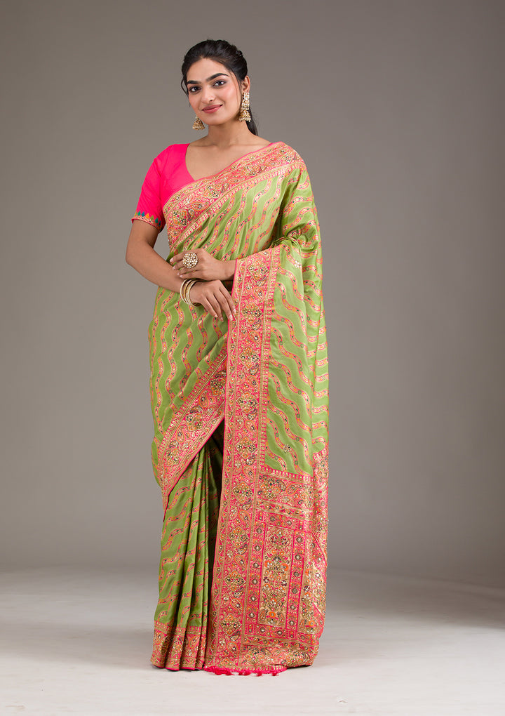 Leaf Green Cutdana Art Silk Saree