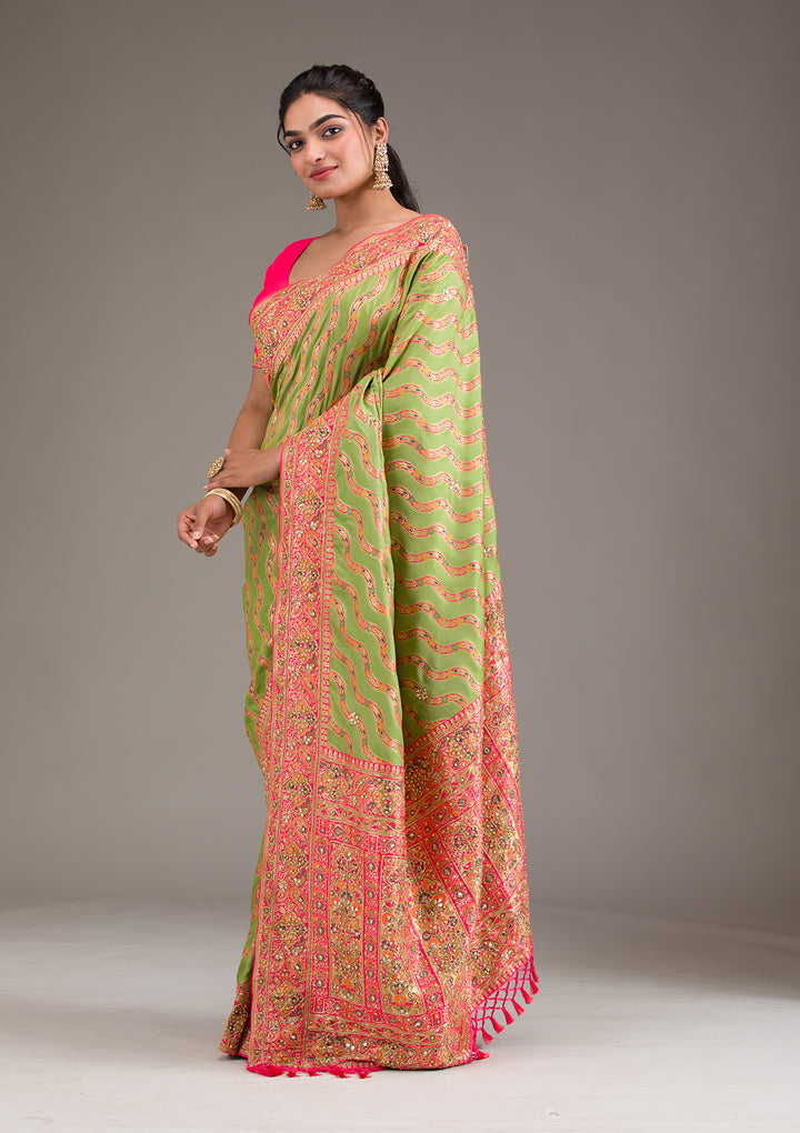 Leaf Green Cutdana Art Silk Saree