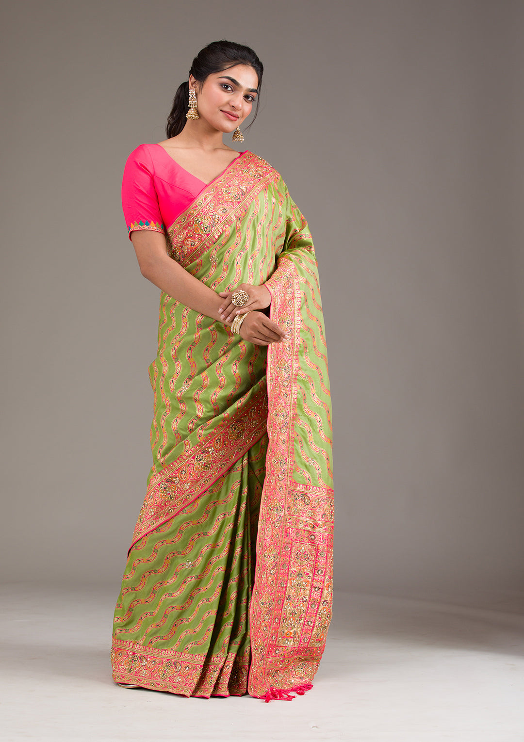 Leaf Green Cutdana Art Silk Saree