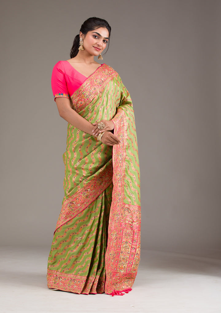 Leaf Green Cutdana Art Silk Saree
