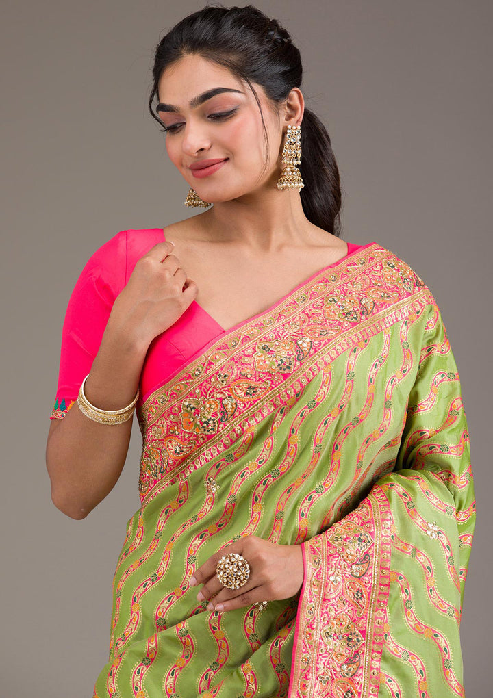 Leaf Green Cutdana Art Silk Saree