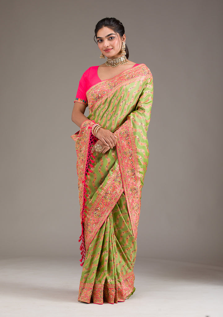 Leaf Green Cutdana Art Silk Saree