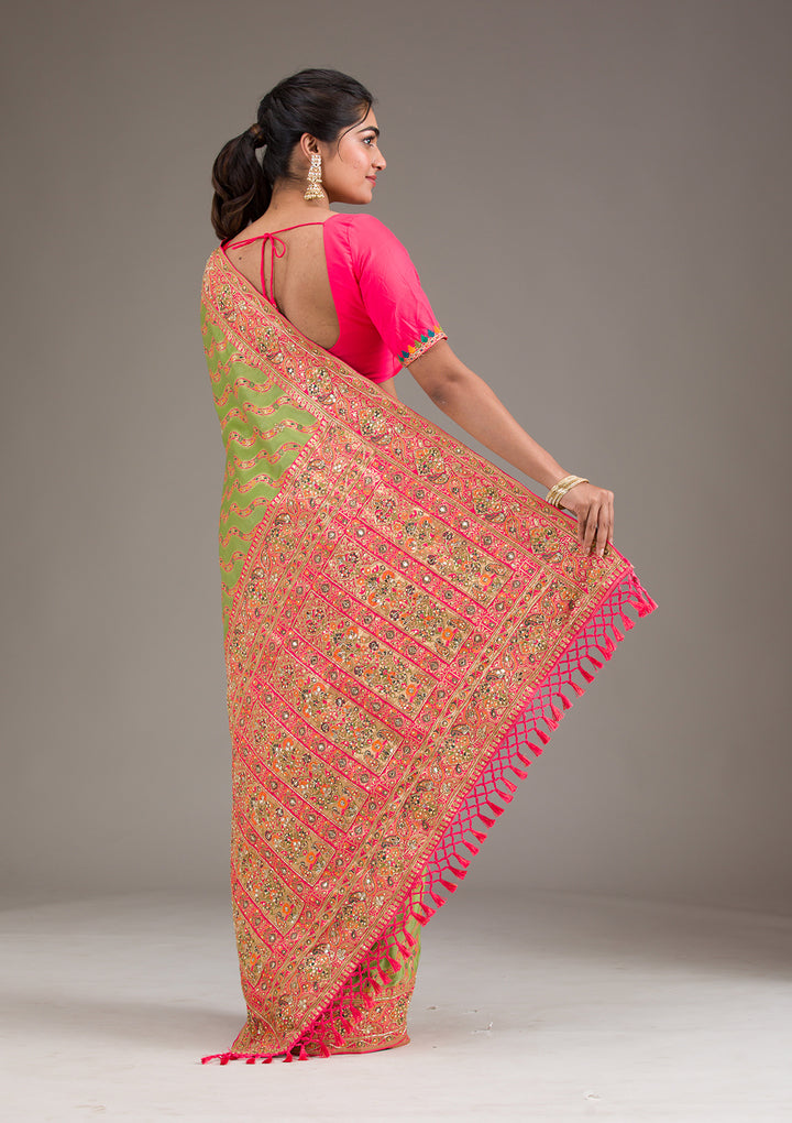 Leaf Green Cutdana Art Silk Saree