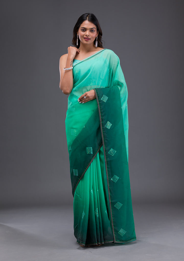 Leaf Green Satin Swarovski Saree With Matching Blouse Piece