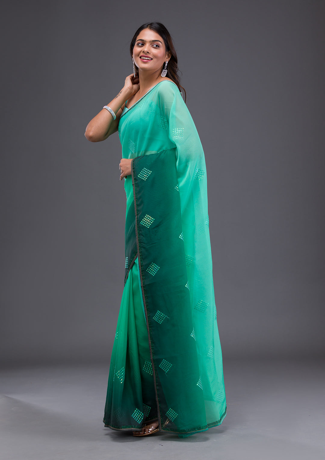 Leaf Green Satin Swarovski Saree With Matching Blouse Piece