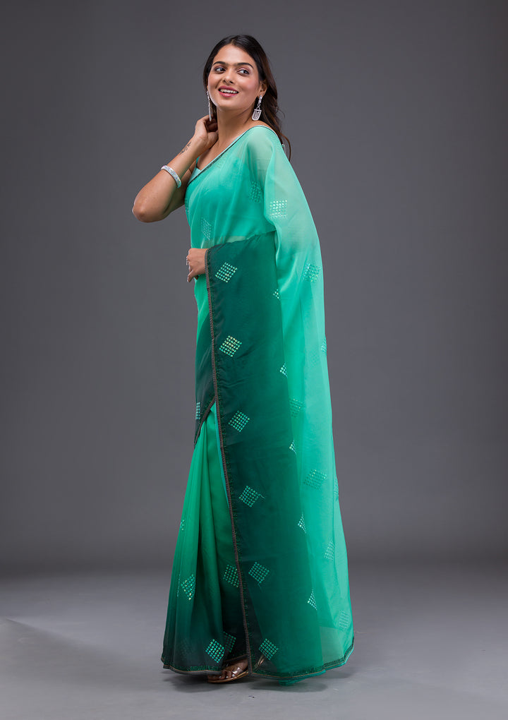 Leaf Green Satin Swarovski Saree With Matching Blouse Piece