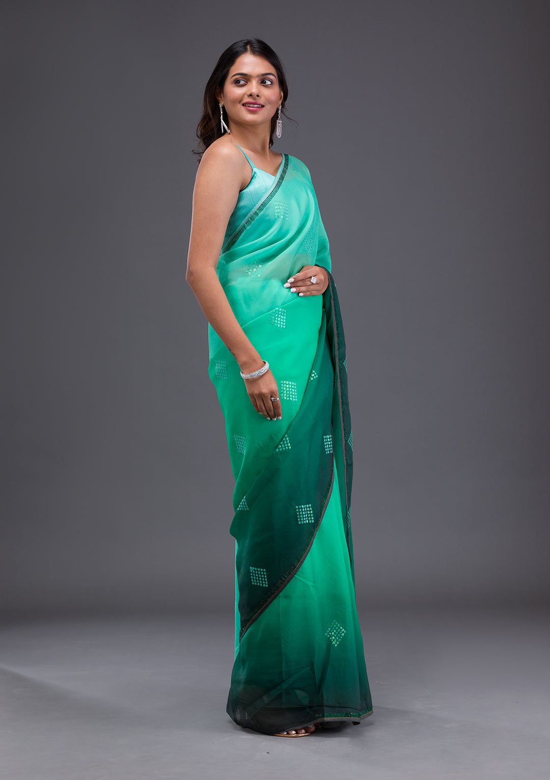 Leaf Green Satin Swarovski Saree With Matching Blouse Piece