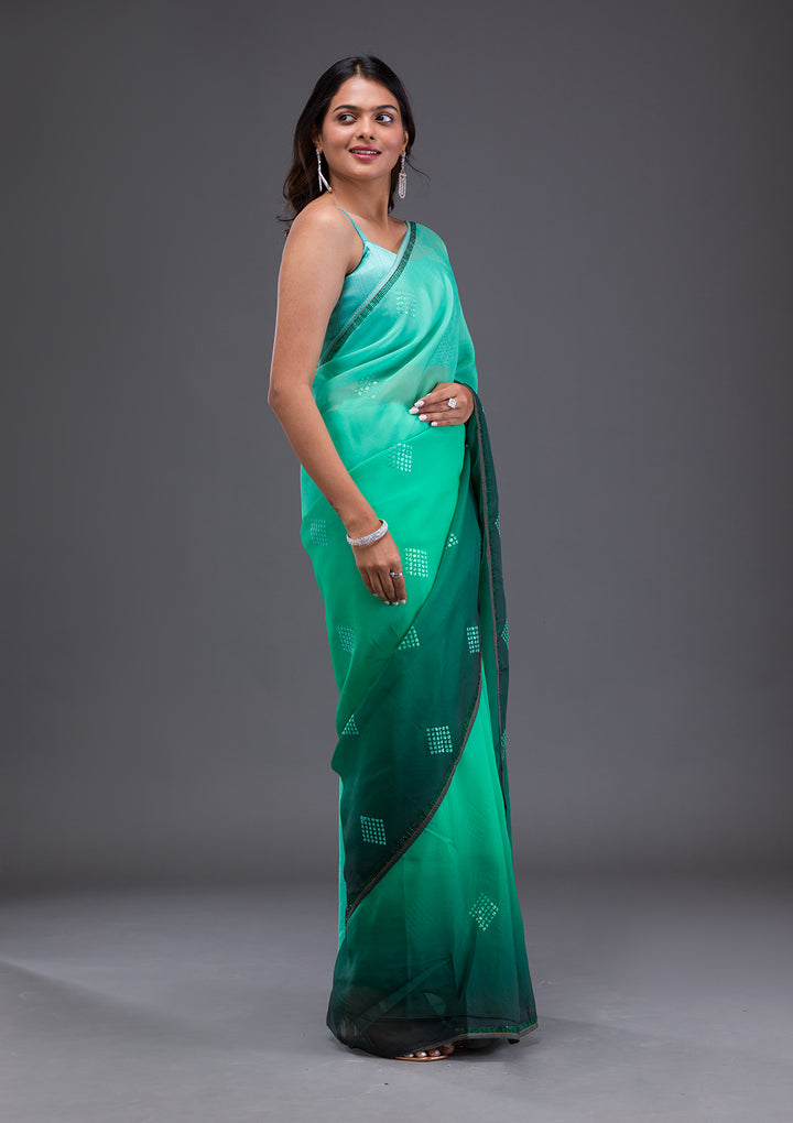 Leaf Green Satin Swarovski Saree With Matching Blouse Piece