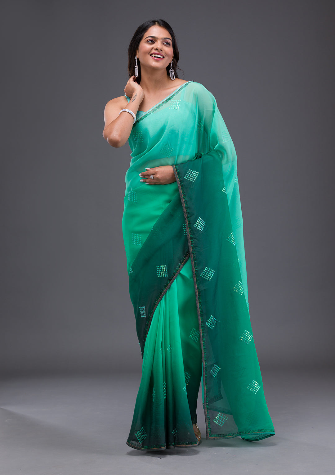 Leaf Green Satin Swarovski Saree With Matching Blouse Piece