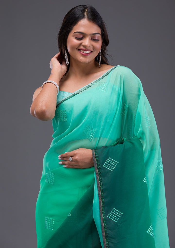 Leaf Green Satin Swarovski Saree With Matching Blouse Piece