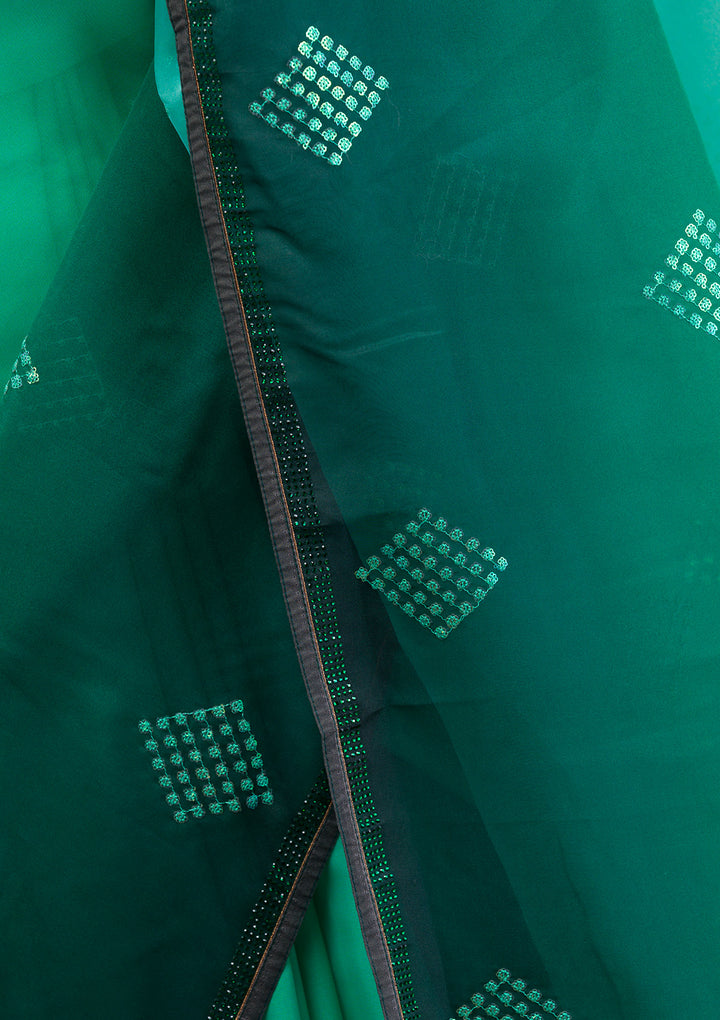 Leaf Green Satin Swarovski Saree With Matching Blouse Piece