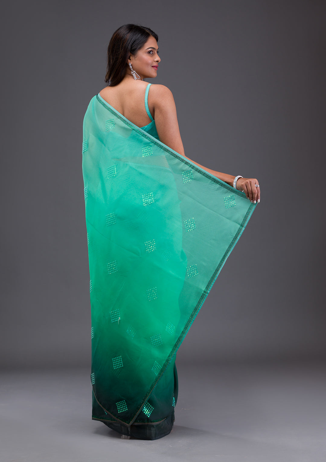 Leaf Green Satin Swarovski Saree With Matching Blouse Piece