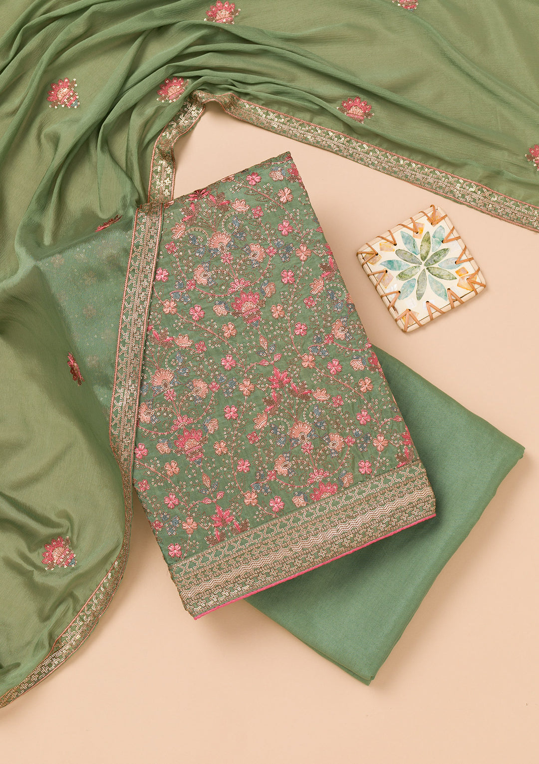 Leaf Green Rayon Threadwork Unstitched Dress Material With Matching Bottom And Dupatta