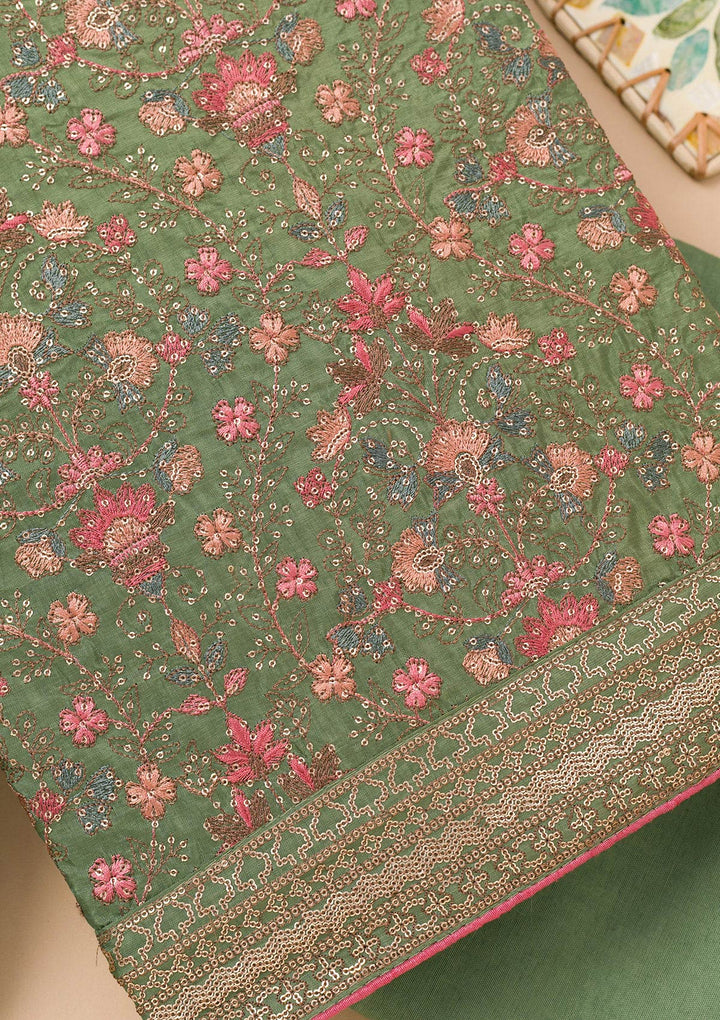 Leaf Green Rayon Threadwork Unstitched Dress Material With Matching Bottom And Dupatta