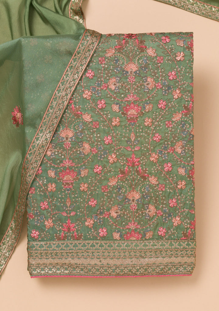 Leaf Green Rayon Threadwork Unstitched Dress Material With Matching Bottom And Dupatta