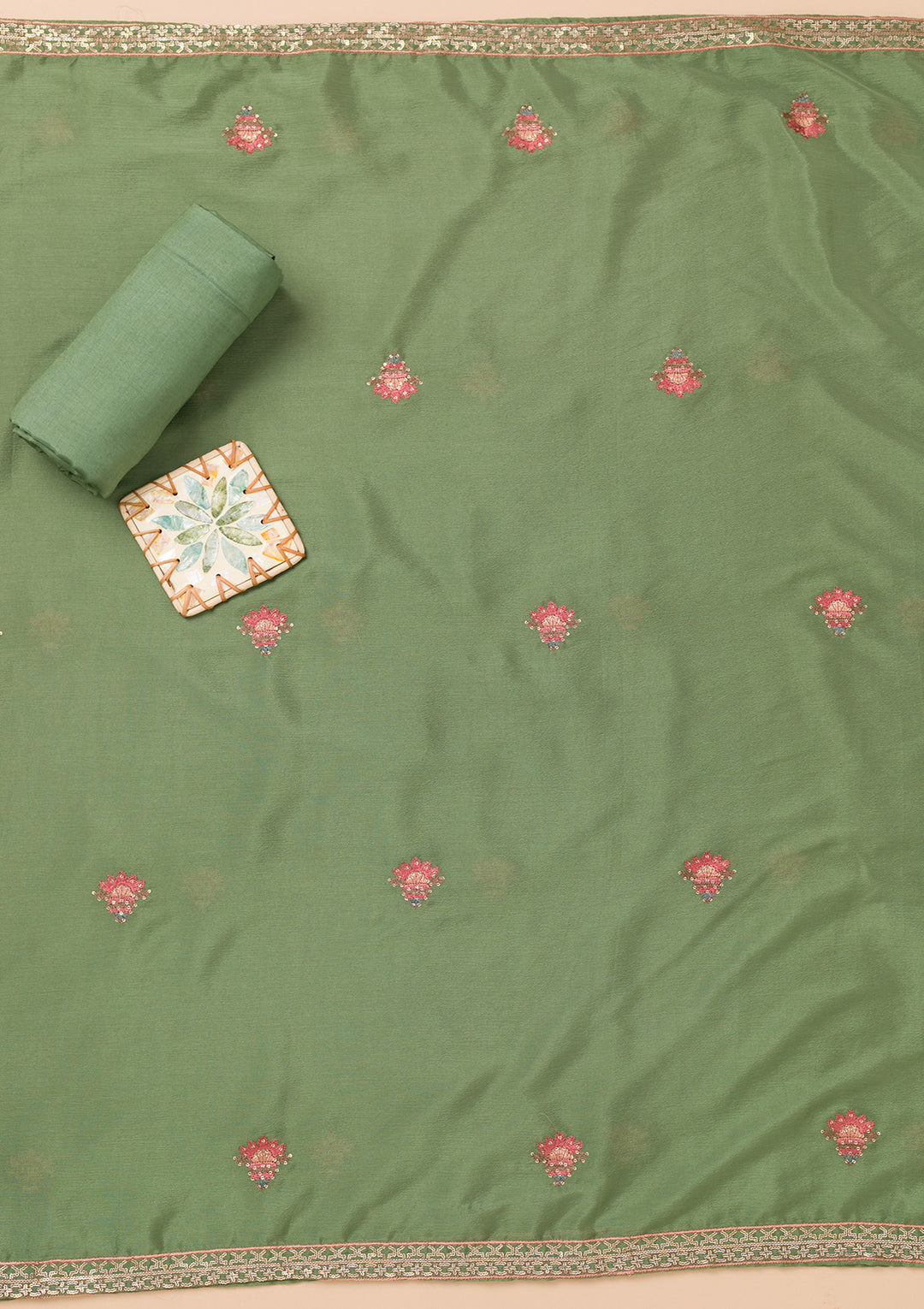 Leaf Green Rayon Threadwork Unstitched Dress Material With Matching Bottom And Dupatta
