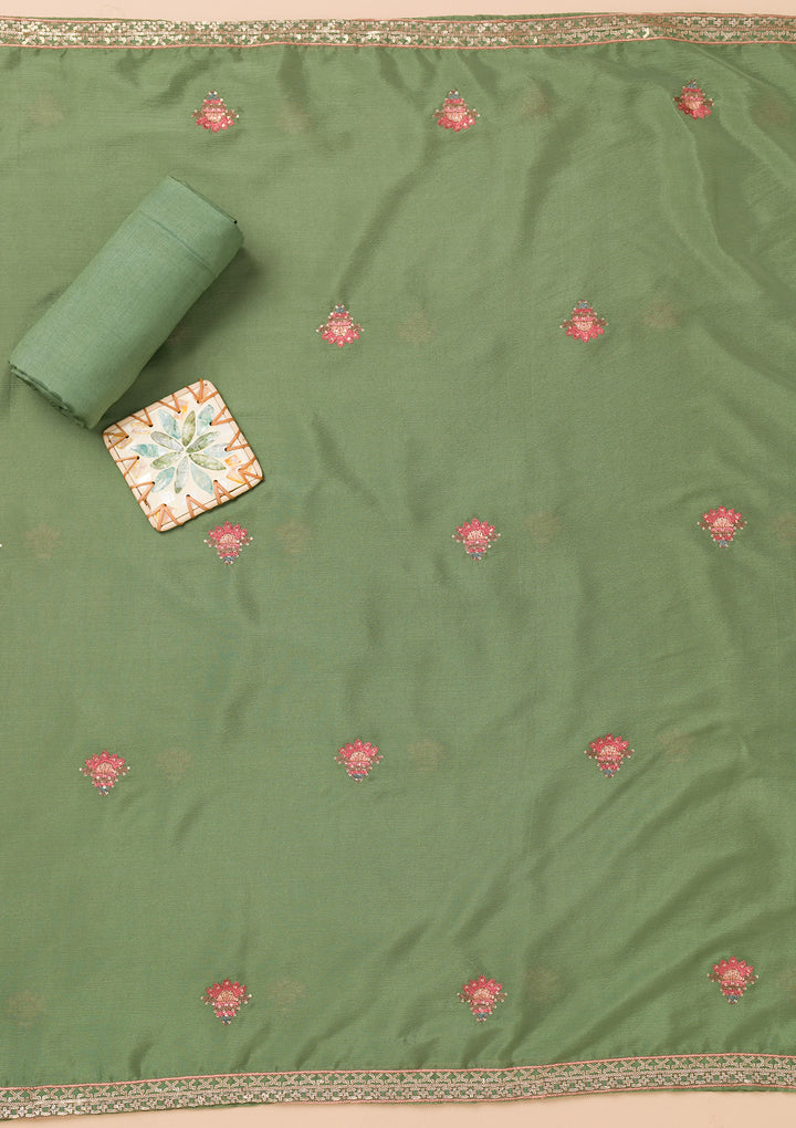 Leaf Green Rayon Threadwork Unstitched Dress Material With Matching Bottom And Dupatta