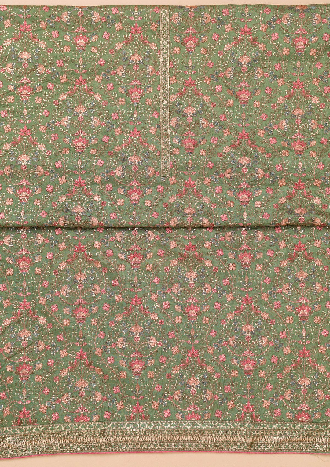 Leaf Green Rayon Threadwork Unstitched Dress Material With Matching Bottom And Dupatta