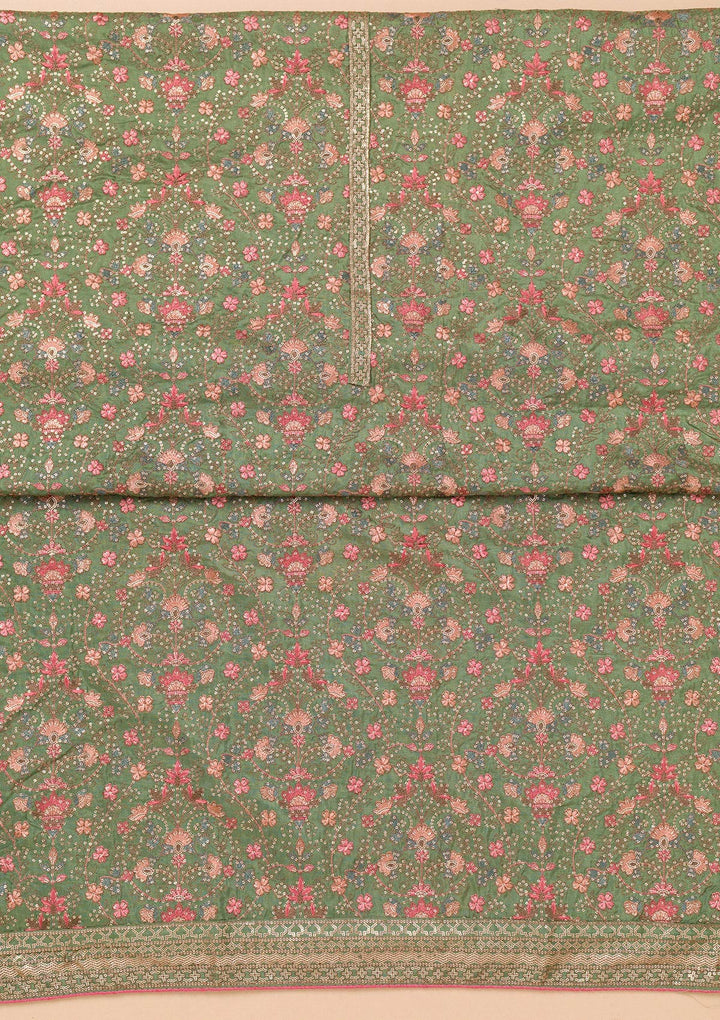 Leaf Green Rayon Threadwork Unstitched Dress Material With Matching Bottom And Dupatta
